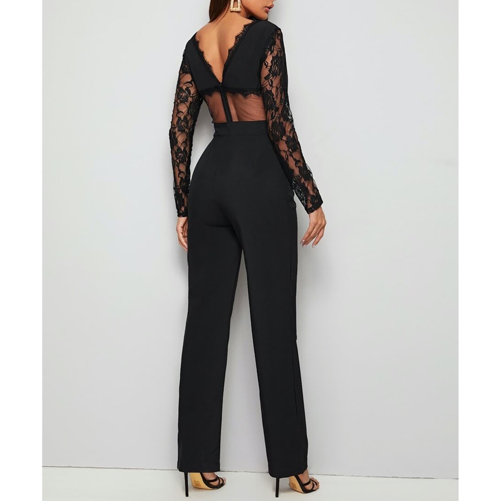Black V Back Floral Mesh Lace Cocktail Jumpsuit - Picture 3 of 6